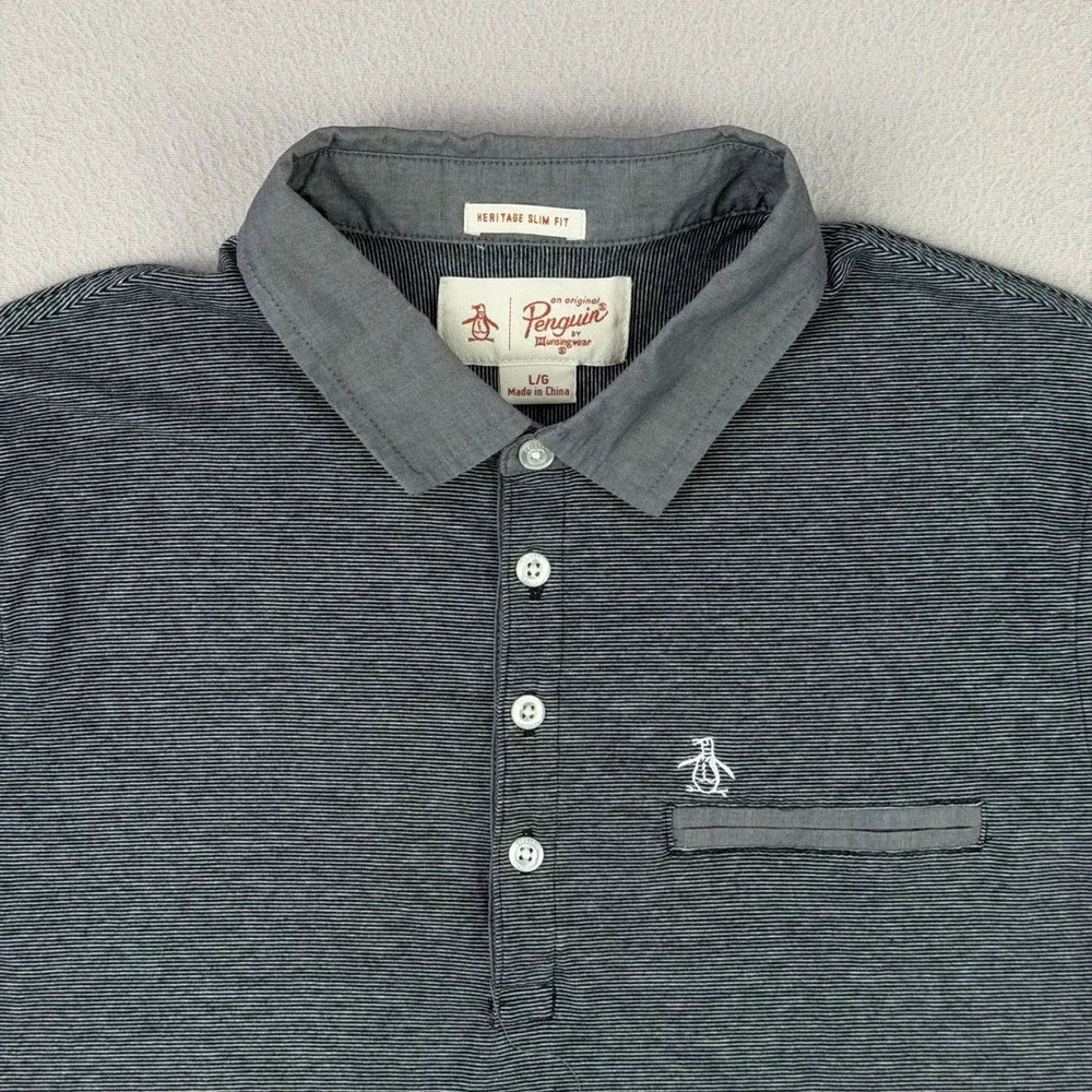 Original Penguin Polo Shirt Mens L Gray Striped Heritage Slim‎ Fit Short Sleeve